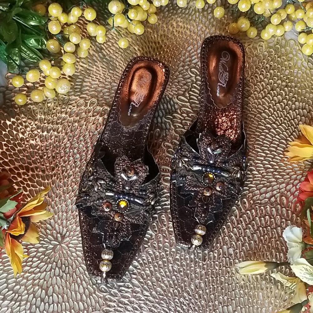 Wild Rose Metallic Bronze Embellished Mules